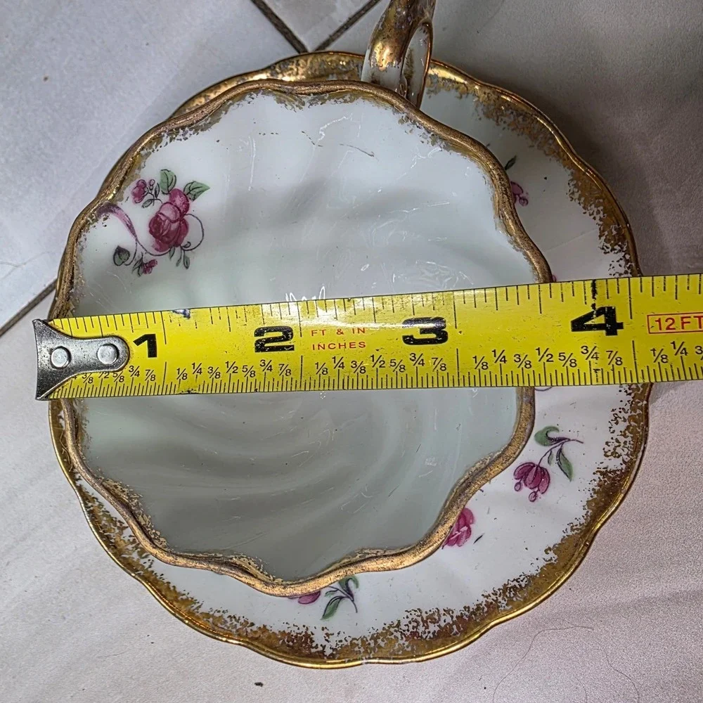 Vintage Footed Porcelain Teacup and Saucer Set Pink‎ Roses Gold Gilt Swirl Trim
